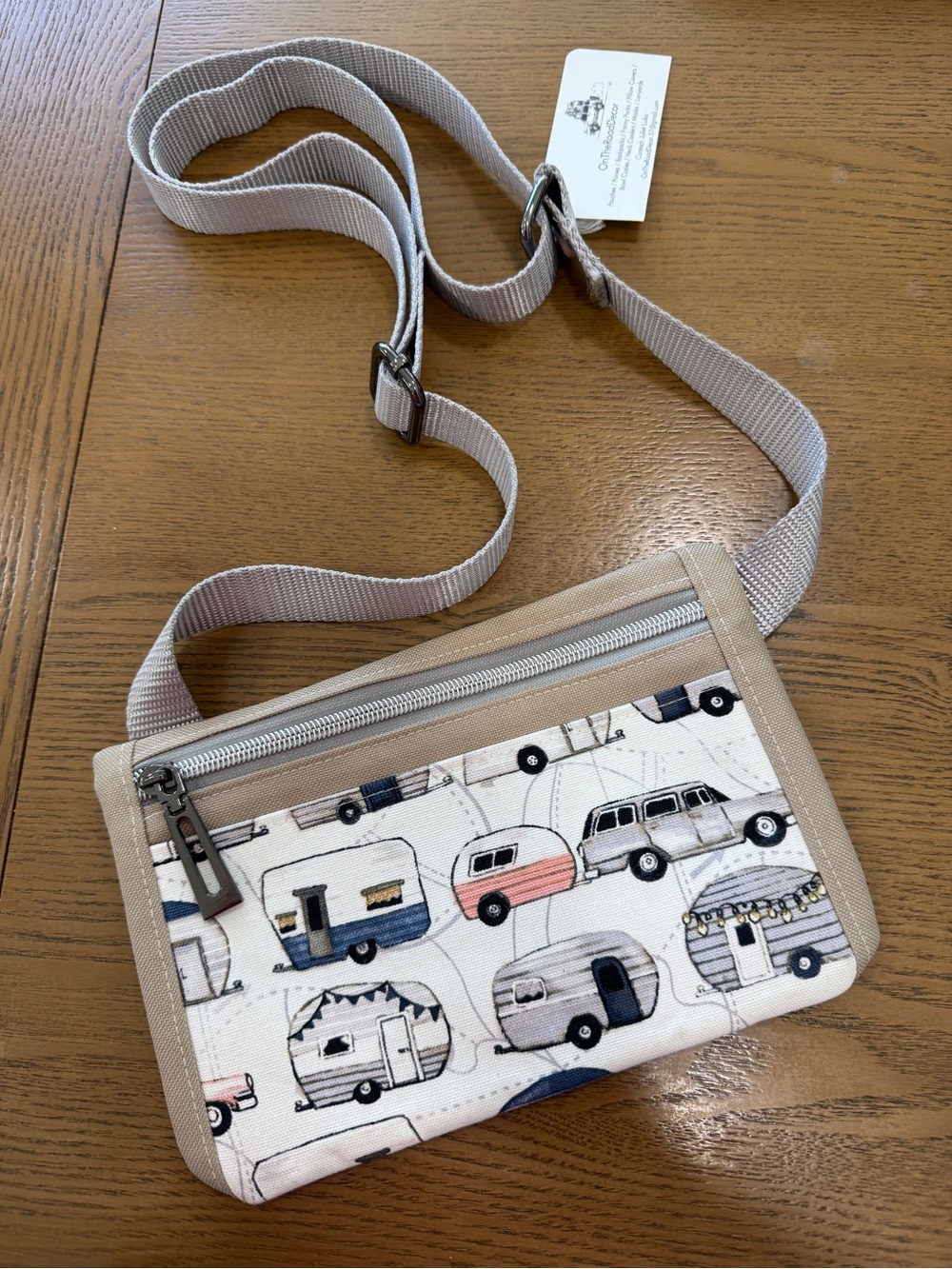 Canvas Crossbody Pouch with Camper Print - Beige Strap